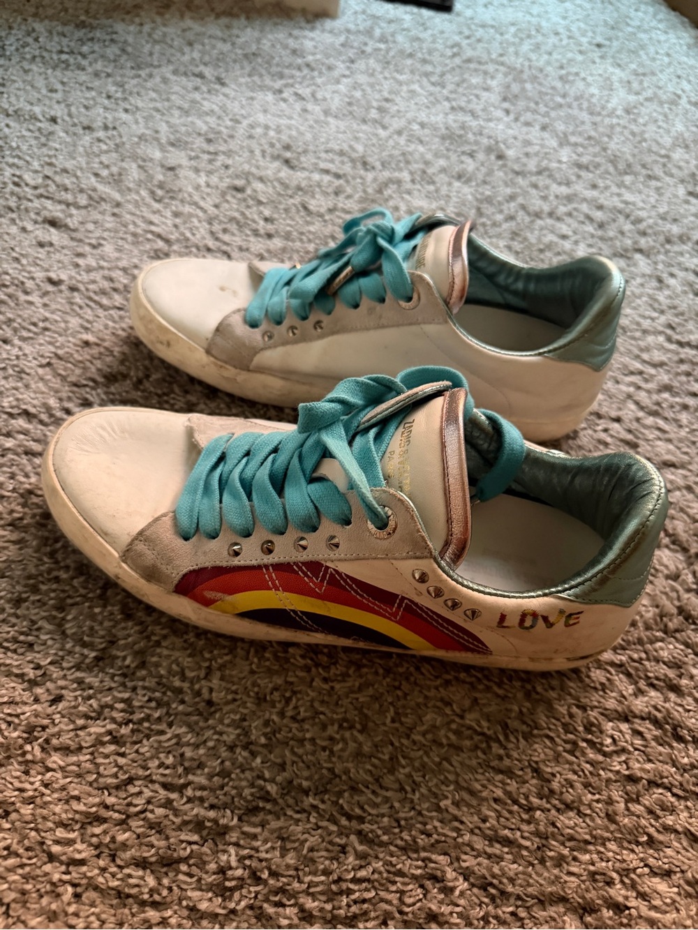 Zadig & Voltaire White Sneakers with Teal Laces and Metallic Green Heel